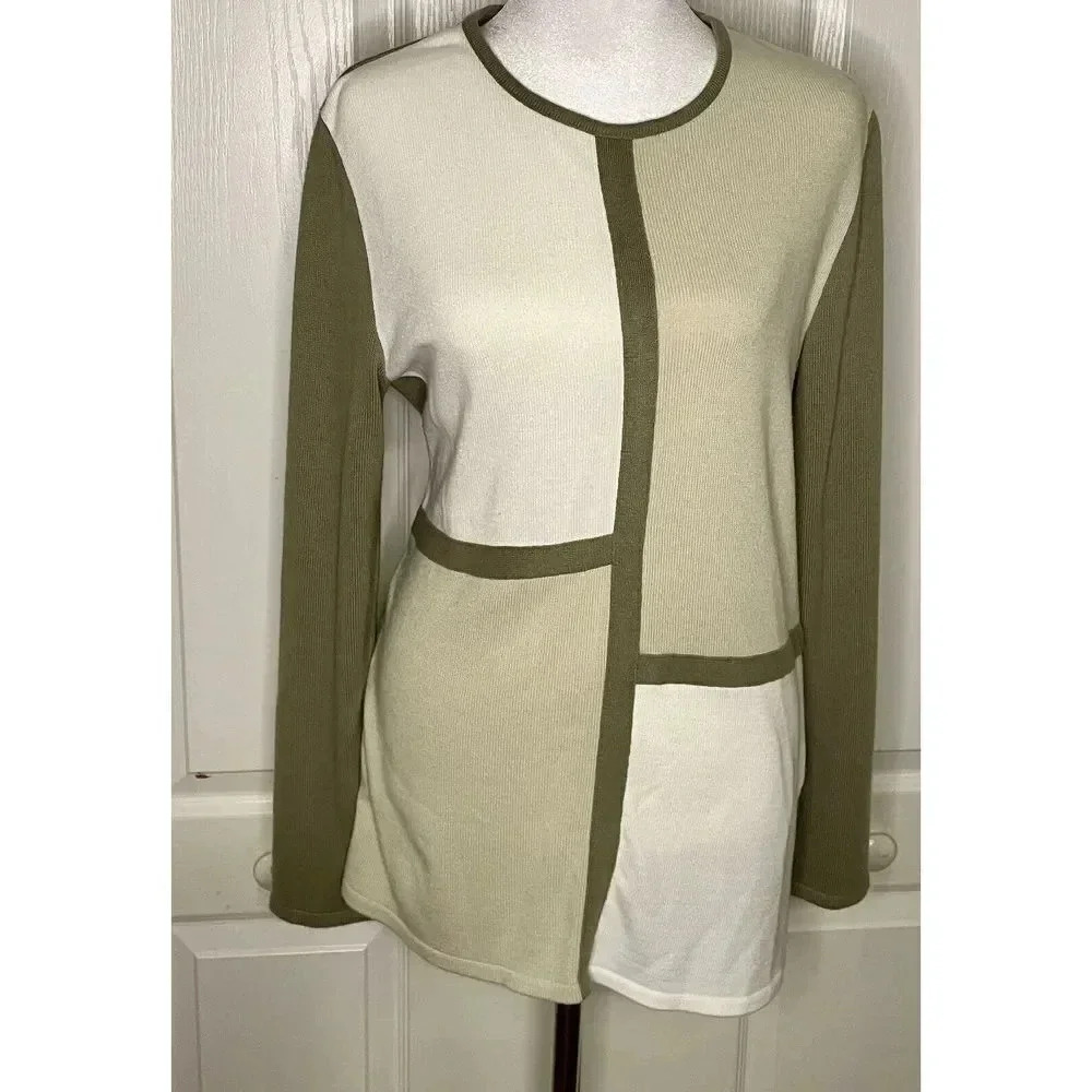 Leslie Fay Dress Sweater Shirt Top Blouse‎ Women’s Size M Brown White Square